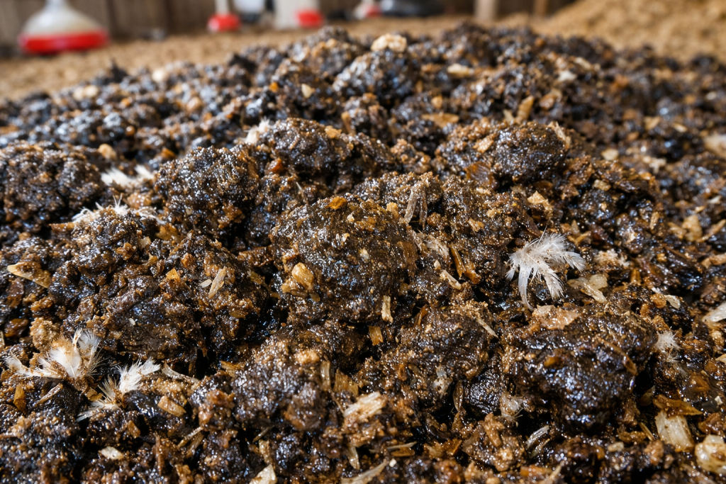 Pollinaza cruda húmeda utilizada como fertilizante orgánico en agricultura