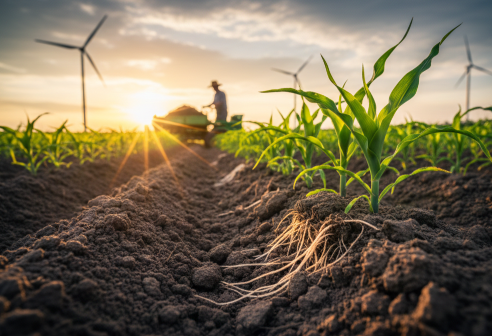 Primer plano de manos expertas examinando la textura de un suelo oscuro y rico en materia orgánica en un campo de cultivo.