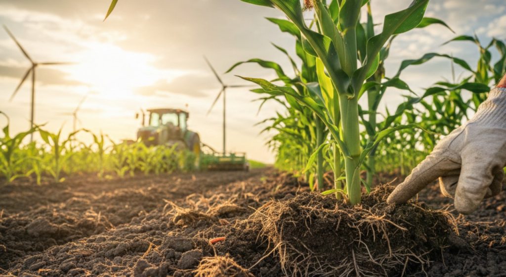 Cultivo agrícola saludable en surcos con suelo nutrido mediante fertilización orgánica profesional.