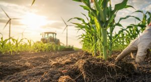 Cultivo agrícola saludable en surcos con suelo nutrido mediante fertilización orgánica profesional.